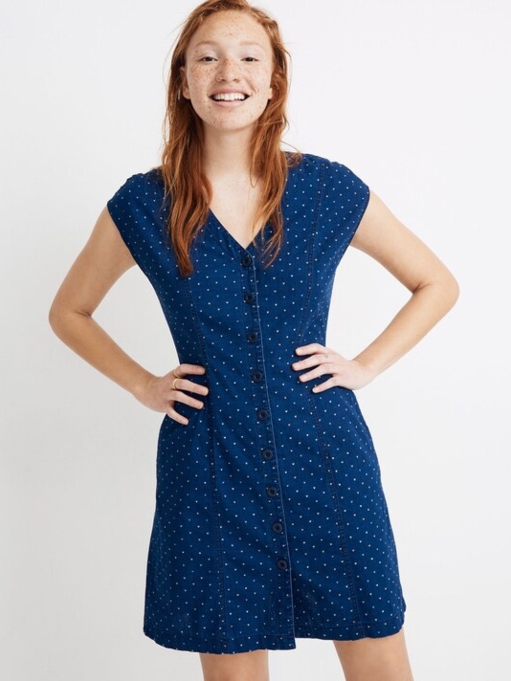 Madewell Indigo Cap-Sleeve Button-Front Dress in Rainbow Heart